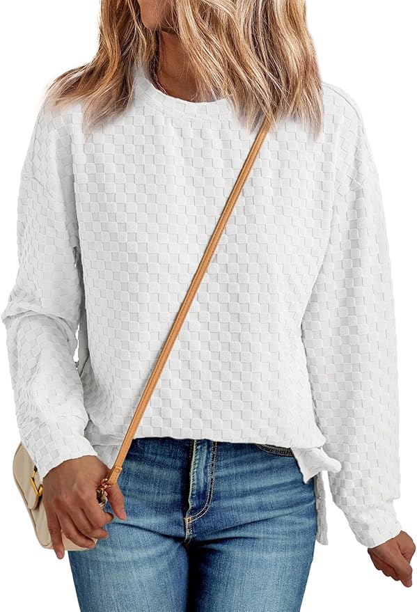 Fashion Gang Long Sleeve Checkered Shirts for Women Textured Crewneck Tops