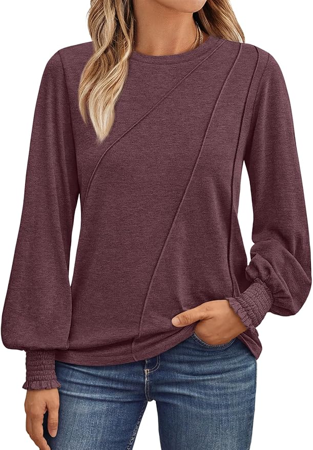Fashion Gang Womens Long Sleeve Tops Pleated Crew Neck Business Casual Blouses Fashion Clothes 2025 Trendy Outfits